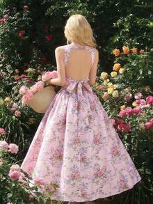 SHEIN MOD 浪漫花卉露背蝴蝶结吊带高开衩连衣裙 - 彩色 - 查看 2