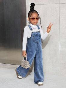 SHEIN Young Girl Washed Dark Blue Denim Bib & Brace Pants - Medium Wash - View 4