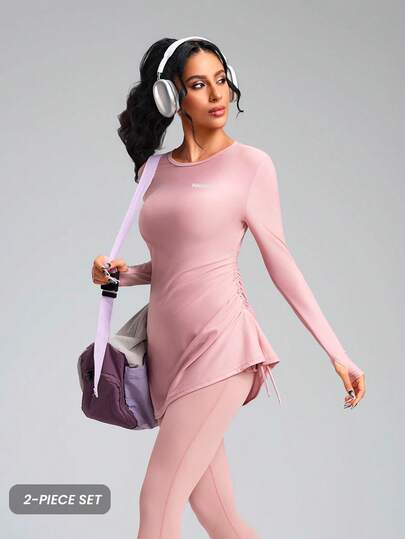 Innovista Women's Autumn Casual Letter Graphic Side Drawstring Long Sleeve Top And Pants Sports Suit Pink Long Sleeve Workout Set 2pcs, Side-Tie Ruched Tunic Top & High-Waist Leggings, Slim Fit Sculpting, Tummy Control, Yoga/Pilates/Gym/Athleisure.Viral Coquette Balletcore Clean Girl