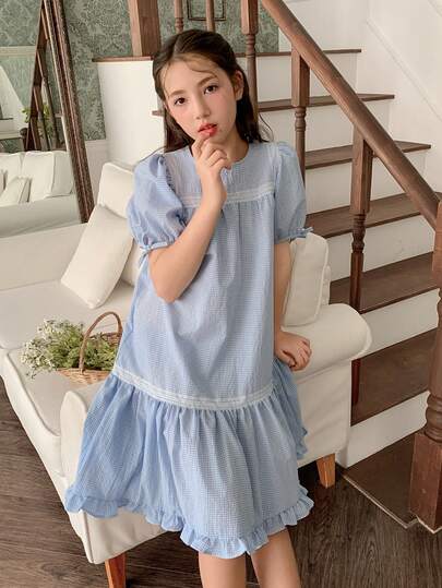 DAZY Tween Girl French Chic Plaid Summer New Fashion Dress