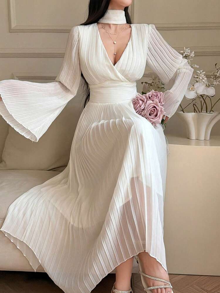 V-Neck Ruched Waist Flare Sleeve Dress