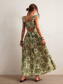Freevana 波西米亚风绿白复古印花吊带连衣裙，腰部收褶飘逸裙摆，露背系带设计，轻盈度假风及踝连衣裙，春夏款 - 綠色 - 查看 2
