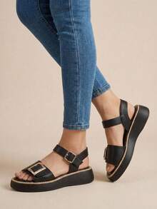 Huarache con plataforma y hebillas - Negro - Ver 3
