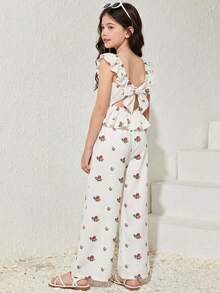 SHEIN 2pcs Tween Girls Woven Square Neck Ruffle Trim Casual Camisole And Pants Set - Beige - View 6