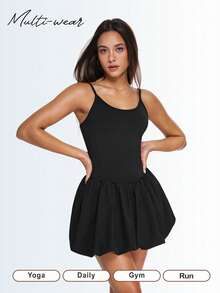 Eassivo Women's Black Ballet‑Style Sport Dress,Adjustable Straps, Ruched Skirt Overlay, Flirty Athletic Silhouette,Black Tennis Dress,Athletic Dress - Black - View 11