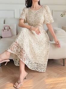 DAZY Women's Elegant Sequin Floral Print Round Neck Lantern Sleeve Mid-Length Dress, Summer - Beige - View 6