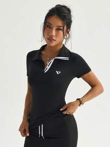 Gameset SHEIN Sport 女士运动瑜伽户外健身Polo衫，翻领，单侧条纹撞色，腰部收紧弧形下摆 - 黑色 - 查看 4