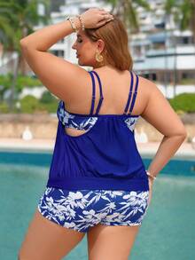 Swim Lushoire New Arrival Plus Size Women's Colorful Print Splice Round Neck Fitted Slimming Vest Top & High-Waisted Shorts Bikini Set, Vacation Casual - Blue - View 2