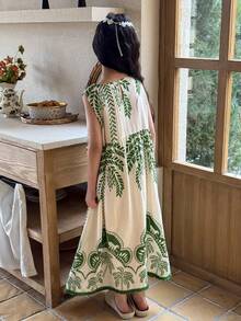 DAZY Tween Girls' Casual Coconut Tree Print Round Neck Sleeveless Dress, Summer Vacation - Green - View 2