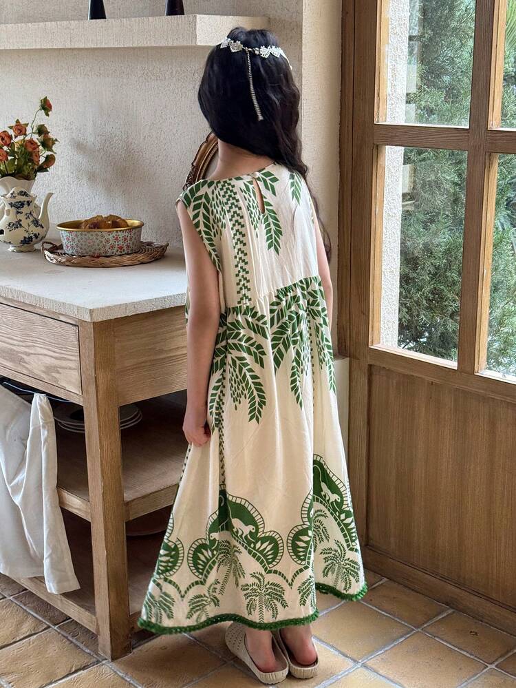 Tween Girls' Casual Coconut Tree Print Round Neck Sleeveless Dress, Summer