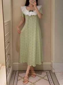 DAZY Polka Dot All-Over Print Ruffle Collar Short Sleeve Maxi Nightgown Dress, Women Summer Loungewear - Green - View 4