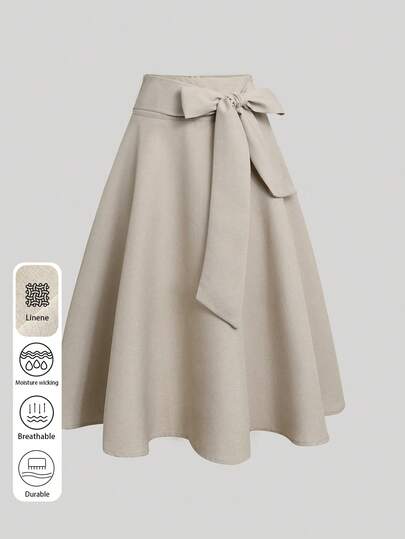 Franclia Falda ancha de verano/primavera con lazo decorativo de cintura, de color doble, de estilo minimalista y versátil, de apariencia de lino, para uso casual y de vacaciones