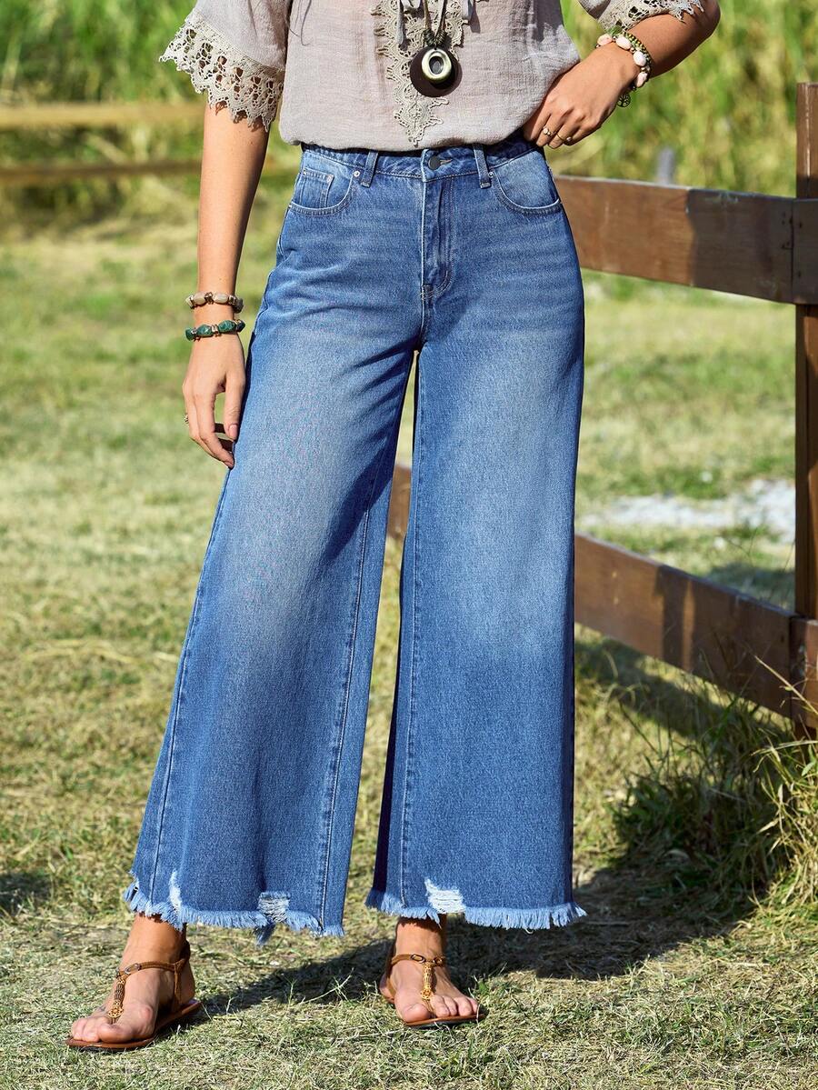 EMERY ROSE Women's Pocket Button Tassel Casual Versatile Daily Wear Wide Leg Jeans - Blue - View 1