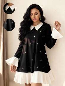 Elenzga 大码女式时尚休闲法式复古浪漫仿珍珠撞色连衣裙 - 黑色 - 查看 1