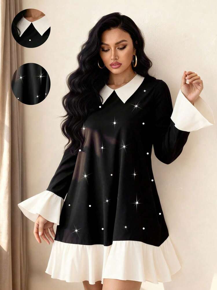 Elenzga Rochie de damă de mărime mare, la modă, casual, franceză, retro, romantică, cu perle artificiale, în culori contrastante - Negru - Vizualizare 1