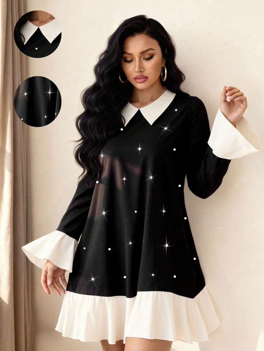 Elenzga 大码女式时尚休闲法式复古浪漫仿珍珠撞色连衣裙 - 黑色 - 查看 1