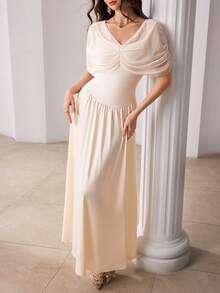 Modelyn French Elegant Mesh Patchwork Cinched Waist Flared Dress - Apricot - View 4