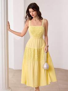 Modelyn Đầm dáng xòe lãng mạn kiểu dáng nghỉ dưỡng, dây mảnh, thêu ren, nhiều mảnh ghép, thích hợp cho mùa xuân/hè. - Màu vàng - Xem 5