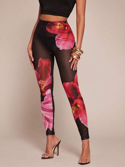 Radiana Leggings transparentes y sexys con estampado floral, pantalones ajustados, pantalones casuales, pantalones de playa, de tela de malla elástica, se ajustan a las curvas del Body, adecuados para salidas casuales, vacaciones en la isla, playa, noches, citas, reuniones, fiestas, clubes, eventos de cócteles, celebraciones, festivales de música, conciertos, vacaciones