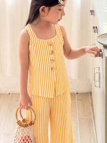 SHEIN 女童条纹印花方领背心和裤子休闲套装 - 黃色 - 查看 6