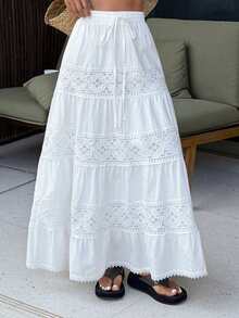 DAZY 女士优雅蕾丝拼接松紧腰半身裙，夏季 - 米色 - 查看 4