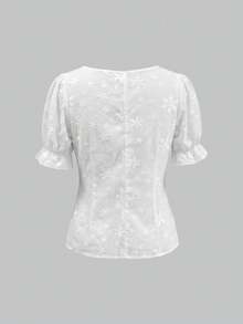 SHEIN PETITE 女士花卉刺绣图案休闲百搭日常短袖衬衫 - 白色 - 查看 2