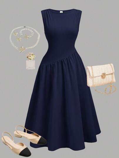 Girlism Kids Teen Girls Sleeveless Solid Color Ruffle Lace Trim Snug Fit Long Evening Dress, Elegant, Suitable For Party, Date, Important Family Gathering Navy Dress Sleeveless Navy Dress Blue Dress Elegant Classy Blue Dress Elegant Navy Dress