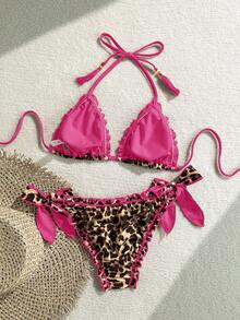 Soleia Bộ bikini đi biển dành cho nữ, kiểu dáng retro, nhiều màu sắc, họa tiết da báo, ngựa vằn, hoa lá, cổ yếm xếp nếp và tua rua trang trí. - Màu Hồng Tươi - Xem 3