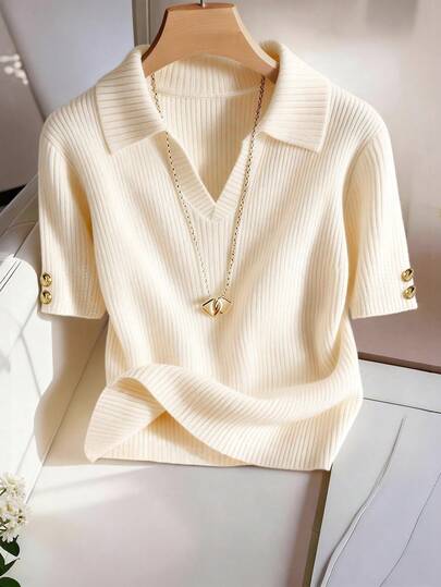 Franclia Petite Beige Lapel, Ribbed Cuff, Metal Button Fastening, Fashionable Minimalist Elegant Business Casual Vintage Short Sleeve Fitted Cropped Lightweight Knit Top For Women, Spring/Summer