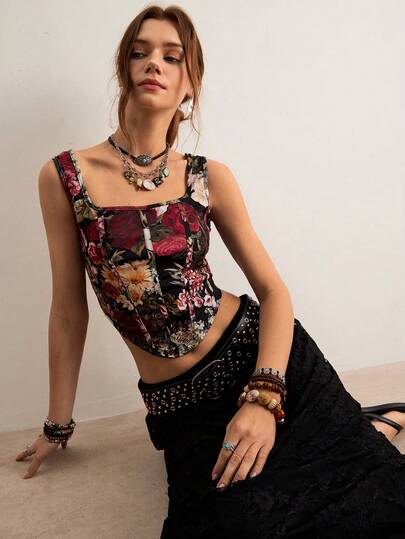 Freevana Bohemian Vintage Loose Black Floral Print Camisole Top, Square Neck Cinched Waist Cropped Cami, Slimming Casual Vacation Outerwear For Summer