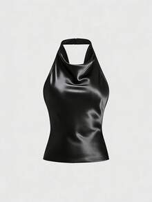 Sweetra New Spring/Summer French Style Black Plunging Neck Sleeveless Halter Satin Casual Backless Tank Top, Fashionable & Elegant - Black - View 1