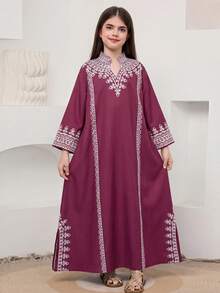 SHEIN 青少年女孩印花寬鬆 A 字版型 3/4 袖開衩下擺端莊連身裙 Abaya 阿拉伯風連身裙 - 酒紅色 - 查看 5