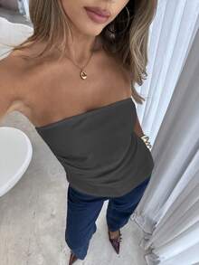 SHEIN Essnce 女式简约纯色折叠褶皱不对称下摆抹胸，夏季 - 深灰色 - 查看 5