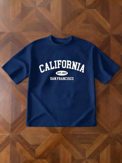 StoneGrade Camiseta de manga corta con cuello redondo de ajuste regular, estampado gráfico de contraste de color y letra de California, de estilo casual y elegante para hombres, adecuada para citas, reuniones, uso esencial, parejas, combinación familiar, gran regalo para el novio