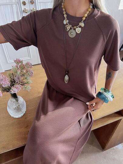 DAZY Women's Casual Solid Color Textured Round Neck T-Shirt And Skirt 2-Piece Set, Summer