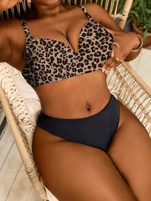 Slaydiva Plus Size Leopard Print Criss-Cross Bikini Top - Coffee Brown - View 3