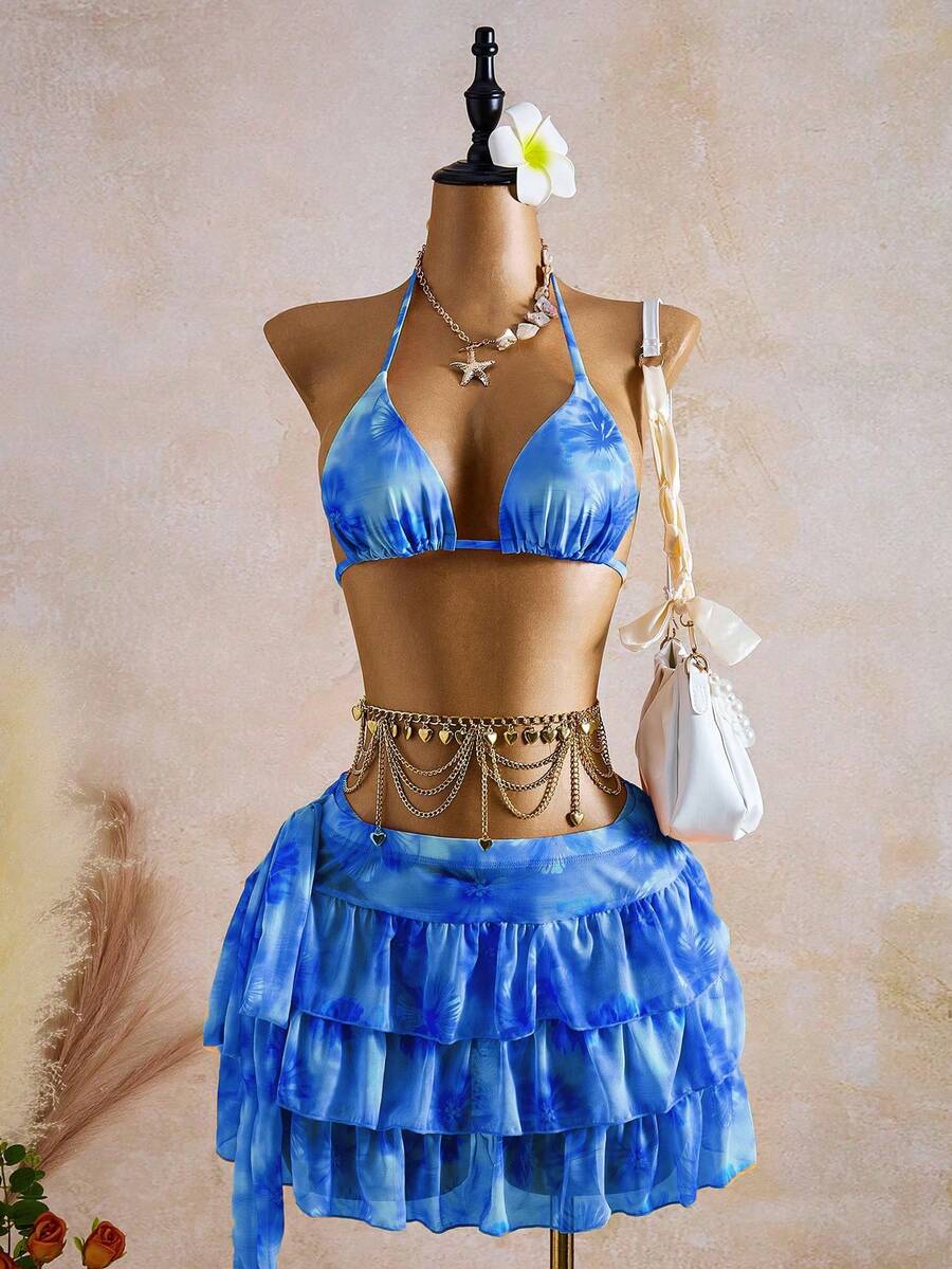 Bellisia 女士橙粉色碎花蛋糕裙三件套泳衣 - 藍色 - 查看 1