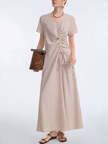 Aalyst Women's Elegant Drawstring Design Office Casual Vacation Long A-Line Dress - Khaki - View 7