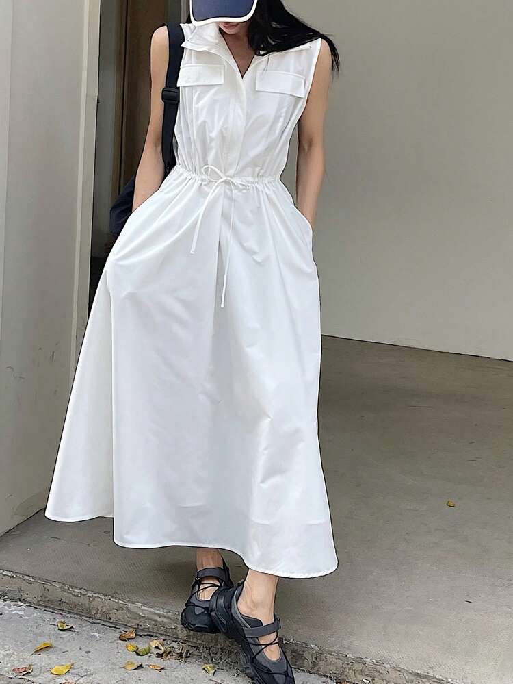 Women's Solid Color Zip-Up Half Placket Drawstring Waist Pocket Sleeveless Long Casual Dress