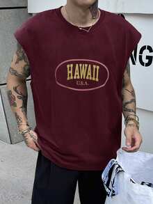 DAZY Áo tank top nam mùa hè in chữ, cổ tròn, dáng rộng, thoải mái - Màu Đỏ Sâu - Xem 4