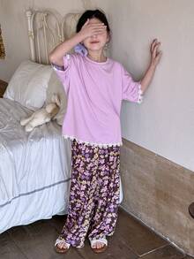 Dazy Kids Tween Girl Spring/Summer/Autumn Contrast Lace Loose Shoulder Top And Wide Leg Pants Pajama Set - Purple - View 3