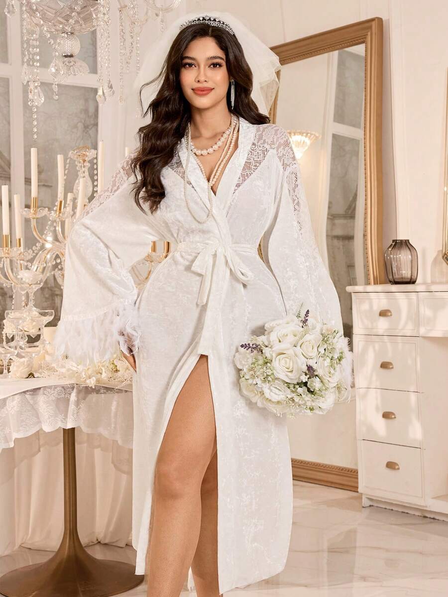 LuxeNights Elegant French Romantic Wedding Season Dreamy Feather & Lace Combination, Soft Velvet Comfortable Luxurious Ladies Robe - White - View 1