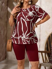 EMERY ROSE 大码女式度假印花圆领短袖T恤和短裤休闲两件套 - 酒紅色 - 查看 3