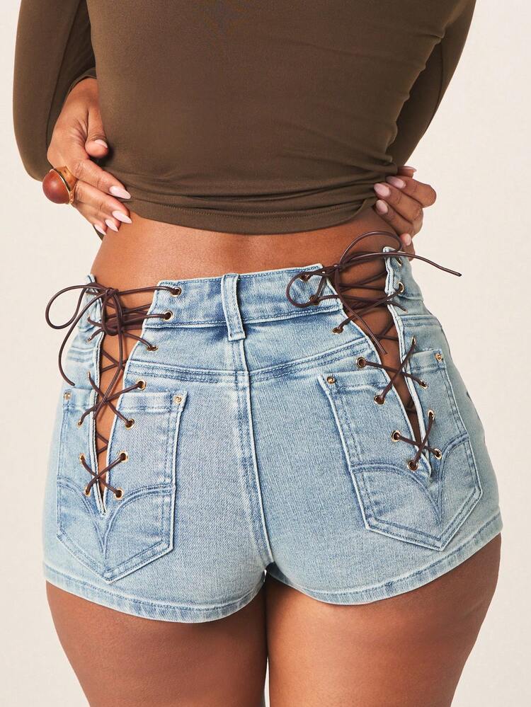 MISSGUIDED Micro High Rise Denim Shorts With Side Lace Up Cut Out Details And Brown Leather Ties For Summer Festival Streetwear
