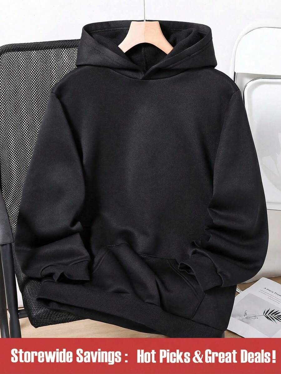 SHEIN 青少年男孩校服休闲运动户外秋冬连帽运动衫 - 黑色 - 查看 1