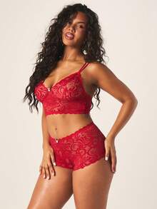 Missguided x Playboy 女士蕾丝文胸和内裤套装，精致花卉图案，露背绑带设计，情人节贴身内衣系列 - 紅色 - 查看 3