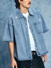 ROMWE MEN Grunge Punk 男士翻领单排扣铆钉休闲百搭日常短袖牛仔衬衫 - 棕色 - 查看 4