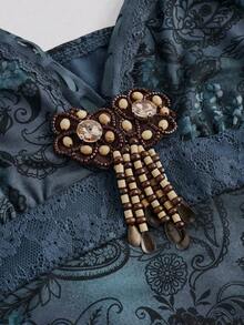 ROMWE Hippie Spring/Summer Women's Retro Bohemian Ruffle Ribbon Lace Paisley Print Mini Dress - Navy Blue - View 3