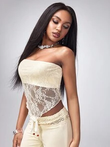 Y2Kool BiGraphic 杏色性感蕾丝面料半透明不对称下摆紧身Y2K时尚休闲露脐上衣，适合春夏派对、度假、海滩旅行、日常穿着。 - 杏色 - 查看 4