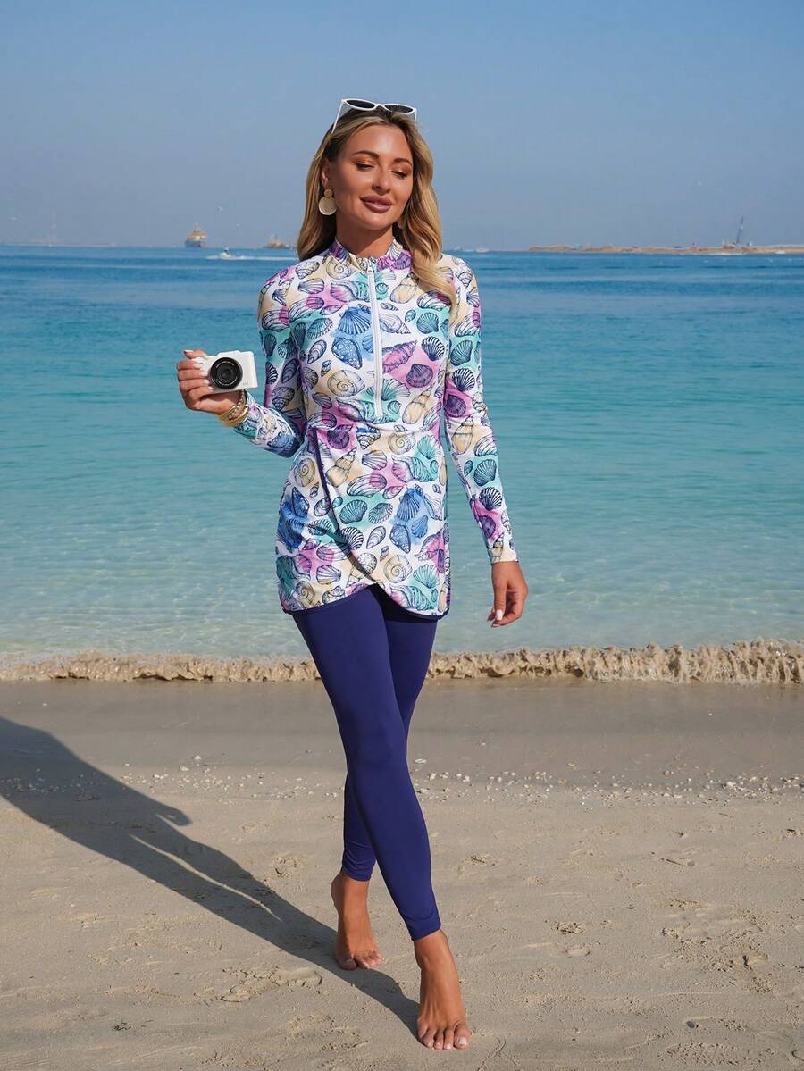 Swim Shayni 2026春夏女装优雅浪漫波西米亚风海洋生物贝壳海星扎染印花长袖上衣和高腰抽绳裤比基尼套装 - 彩色 - 查看 1